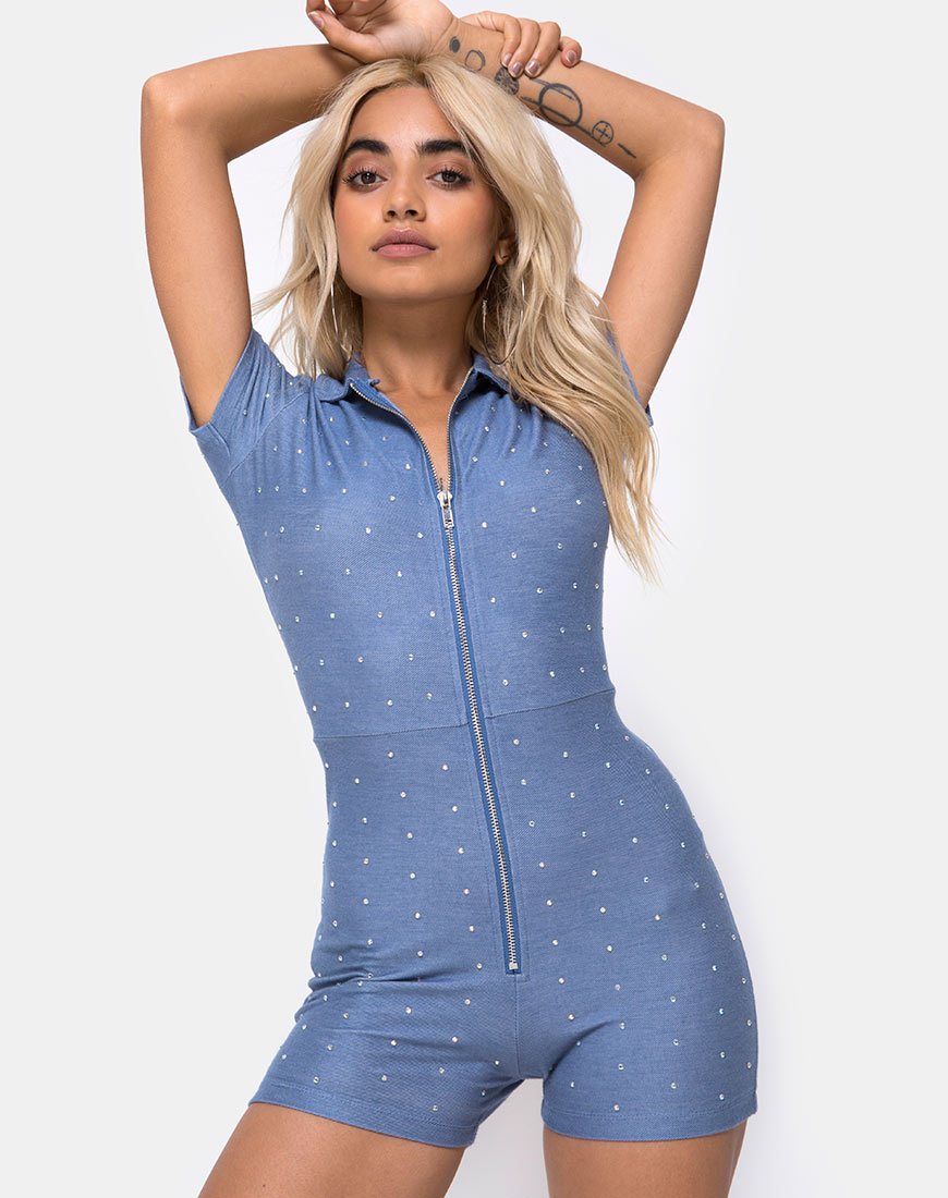 Image of Kajoon Spielanzug aus blauem Denim Hot Fix
