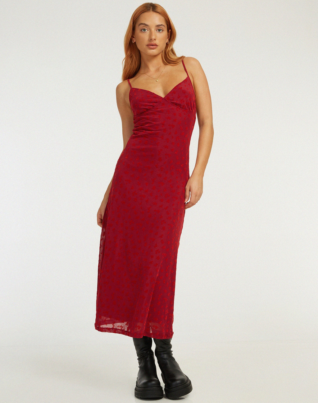 Kalana Midikleid aus rotem Flock-Mesh