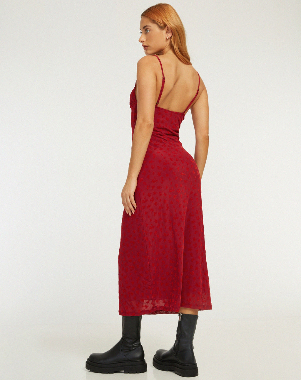 Kalana Midikleid aus rotem Flock-Mesh