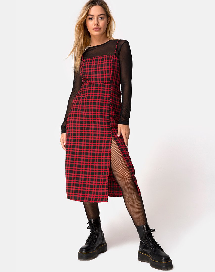 Kaoya Midikleid in Karo Rot und Schwarz