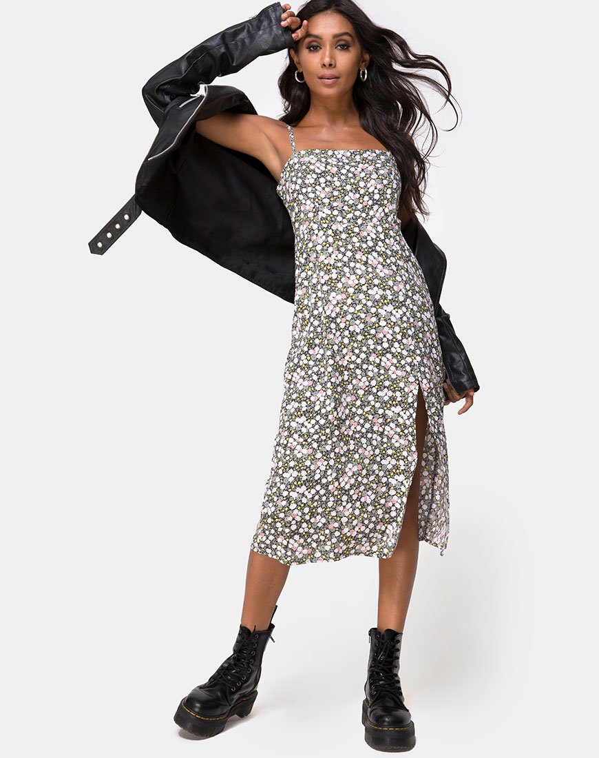 Kaoya Midikleid mit Blumenmuster, oliv