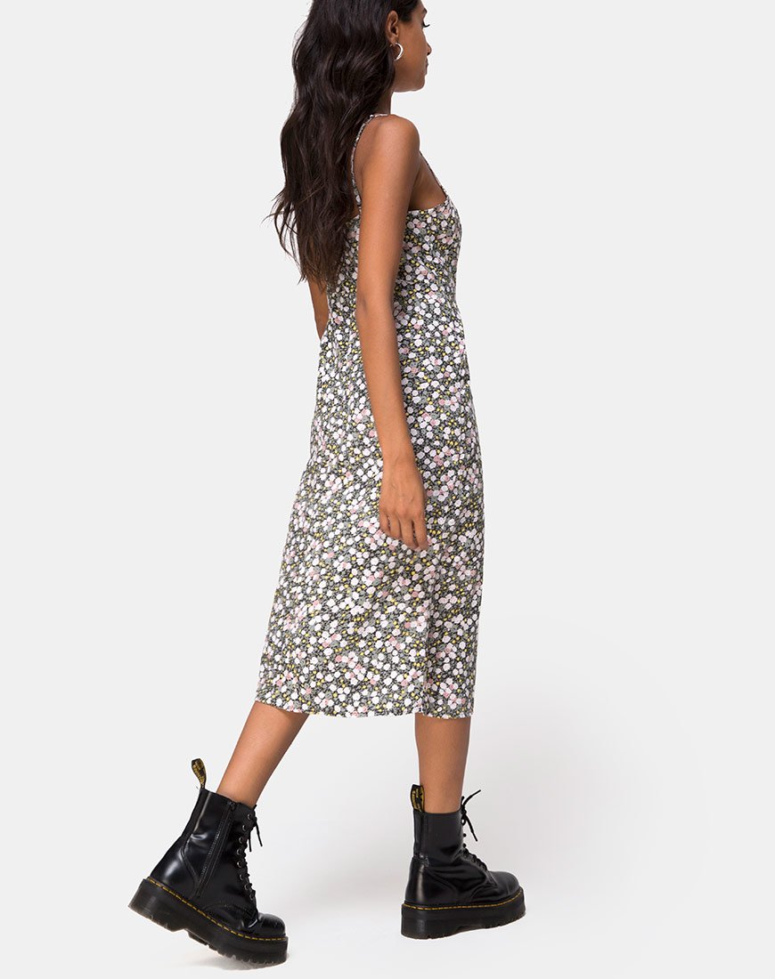 Kaoya Midikleid mit Blumenmuster, oliv