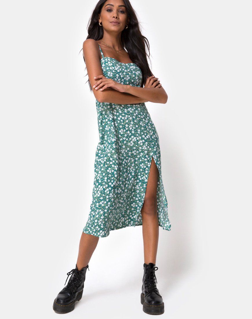 Kaoya Midikleid in Feldgrün mit Blumenmuster