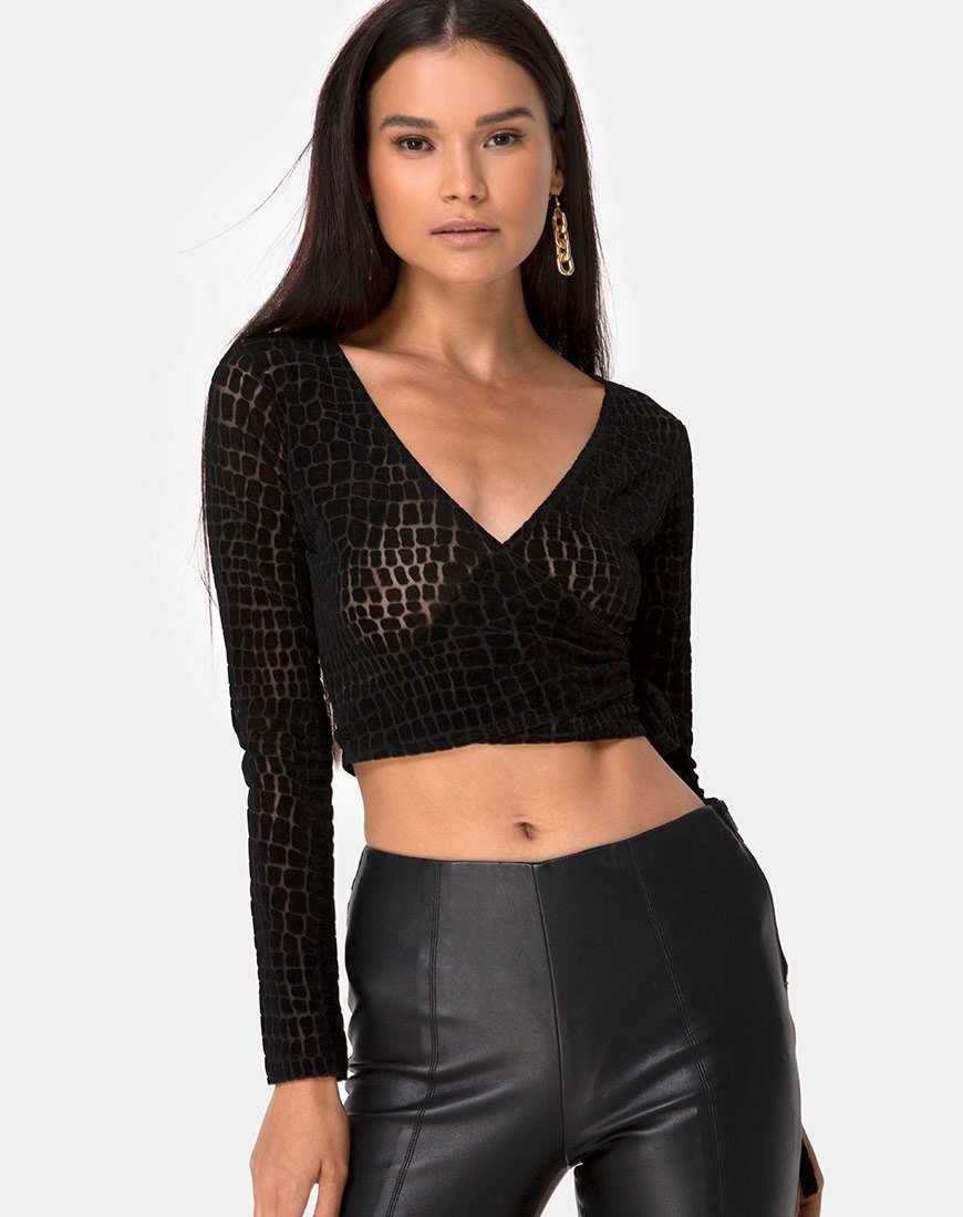 Image of Kajak Wrap Top in Kroko-Flock Schwarz