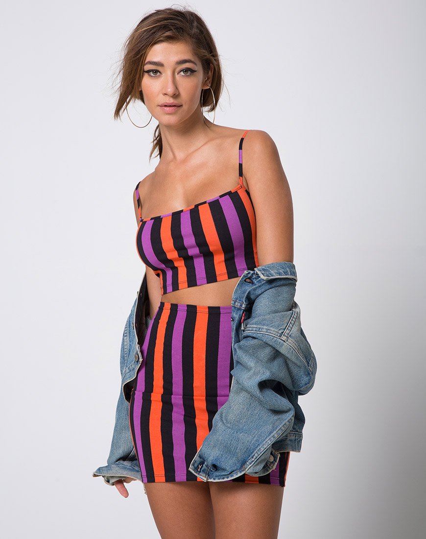 Bild von Kimmy Bodycon Rock in Lila und Orange gestreift