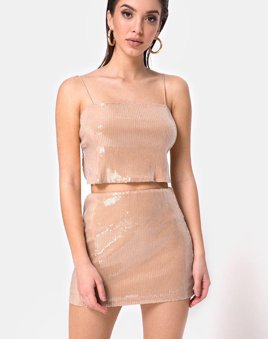 Image of Champo Crop Top in Camel mit klarem Paillettenbesatz