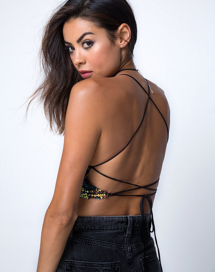 Image of Kingsley Crop Top aus Fischschuppen mit Pailletten Pink Oil