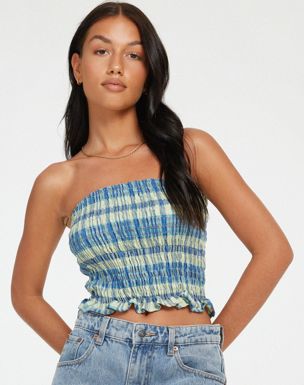 Kiyo Bandeau-Top in Colourpop Karo Grün und Blau