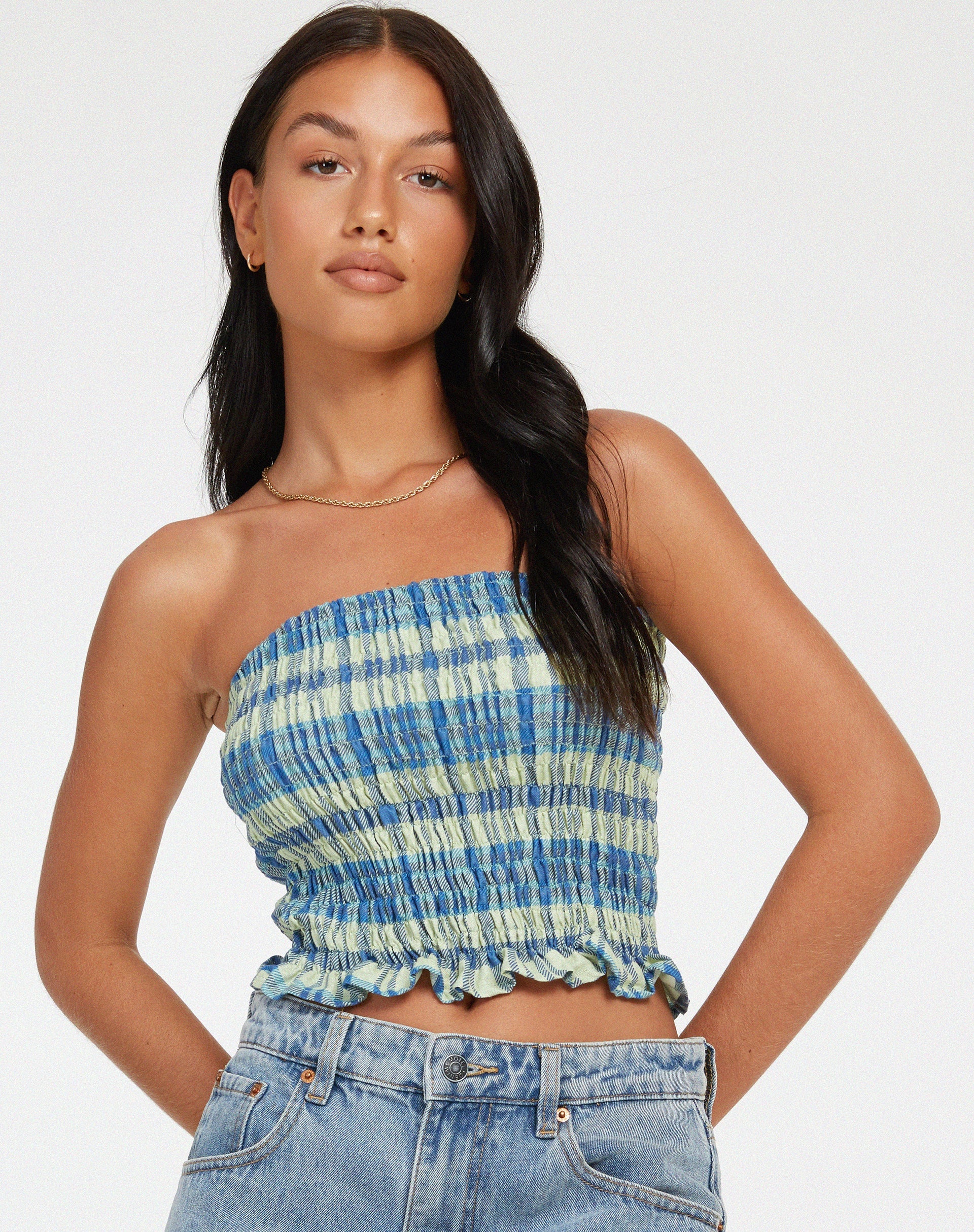 Image of Kiyo Bandeau Top in Colourpop Karo Grün und Blau