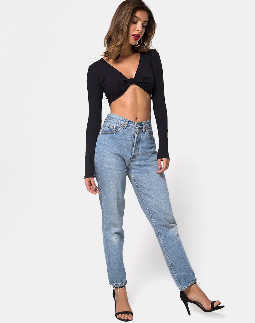 Image of Knotie Langarm-Crop-Top in Schwarz