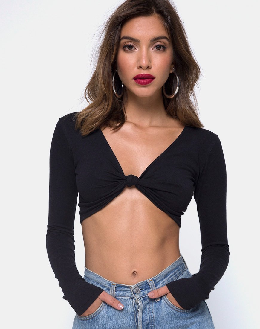 Knotie Langarm-Crop-Top in Schwarz