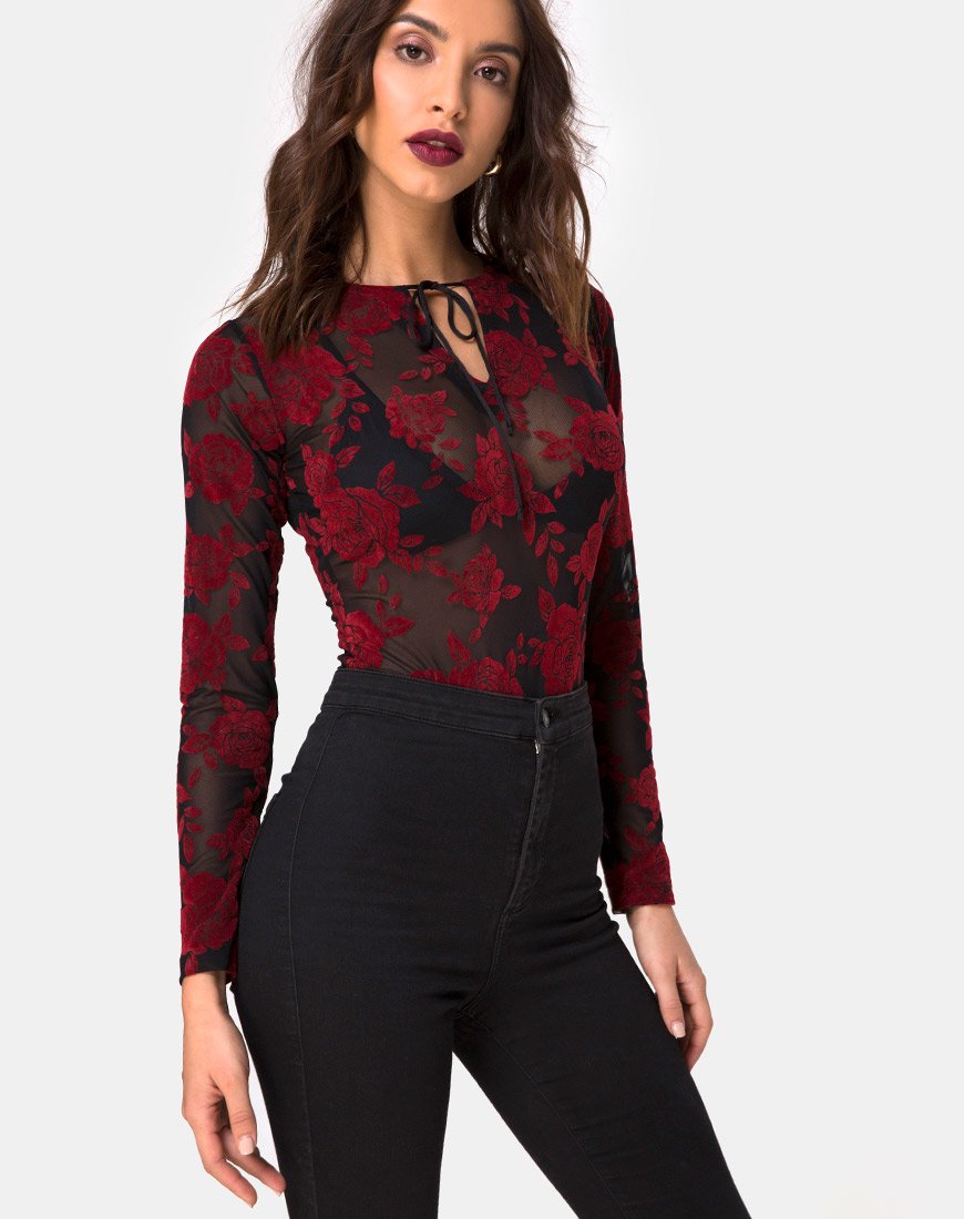 Image of Korina Mieder in romantischem Rot Rosenflock