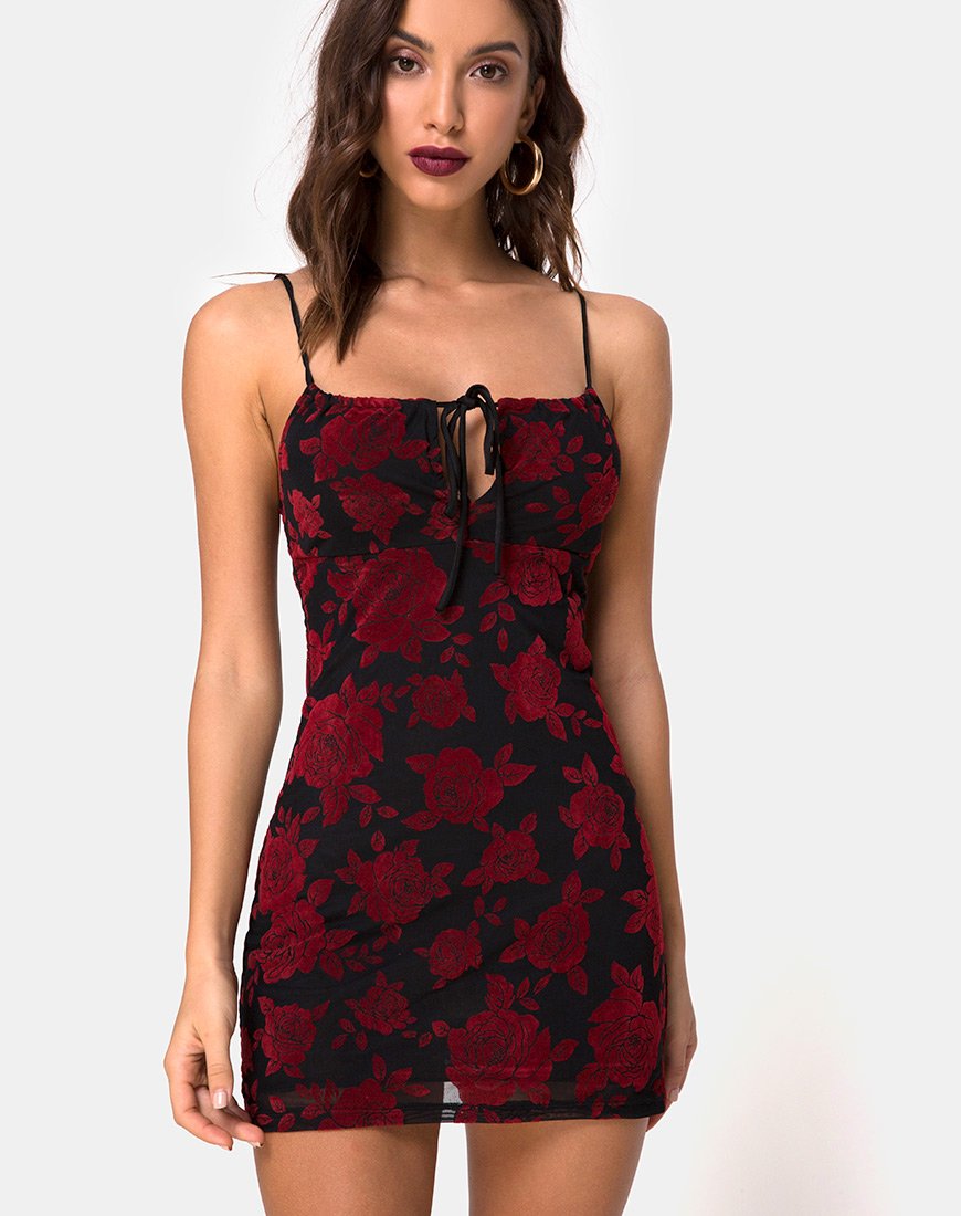 Bild von Kumin Bodycon Kleid in romantischem Rot Rosenflock