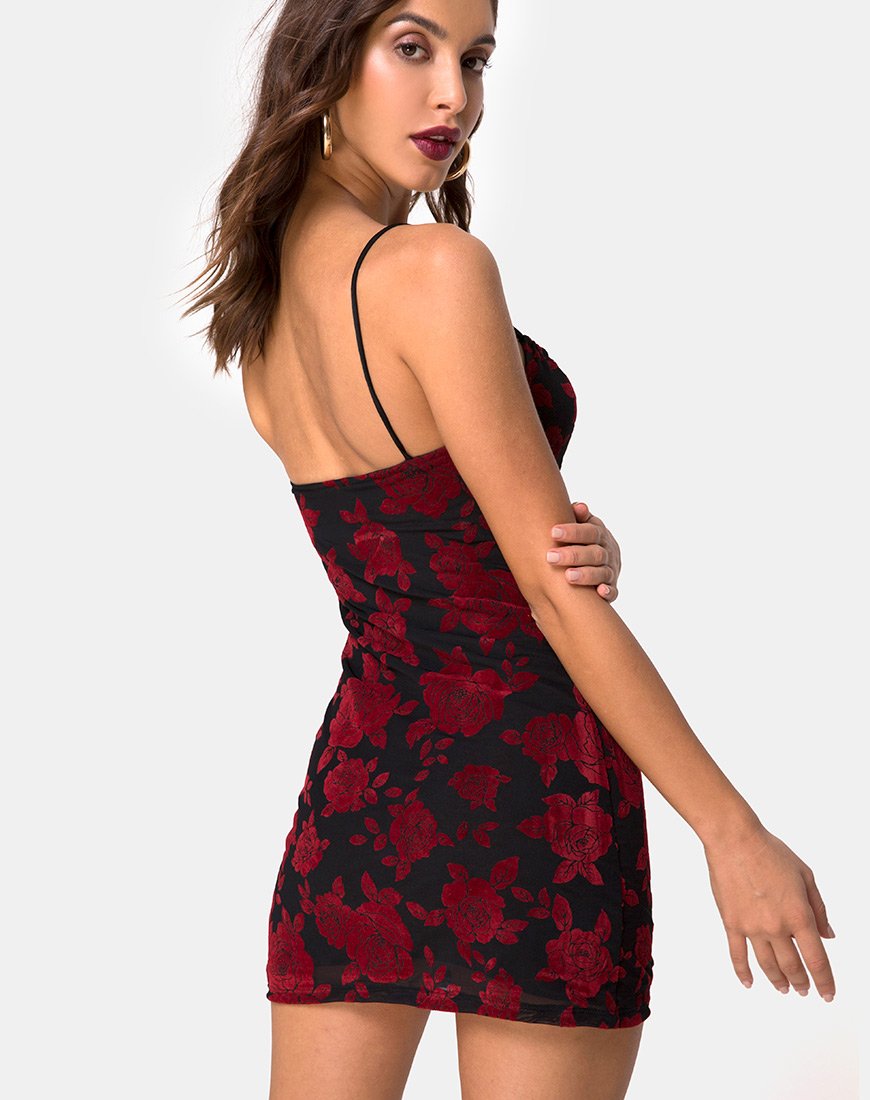 Bild von Kumin Bodycon Kleid in romantischem Rot Rosenflock