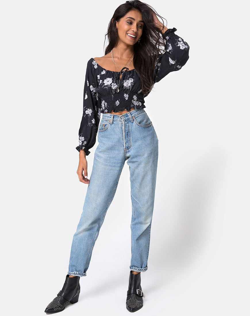 Image of Lancer Crop Top in Mono Flower Schwarz