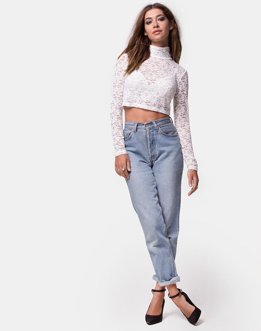 Image of Lara Crop Top aus rosa Spitze Weiß