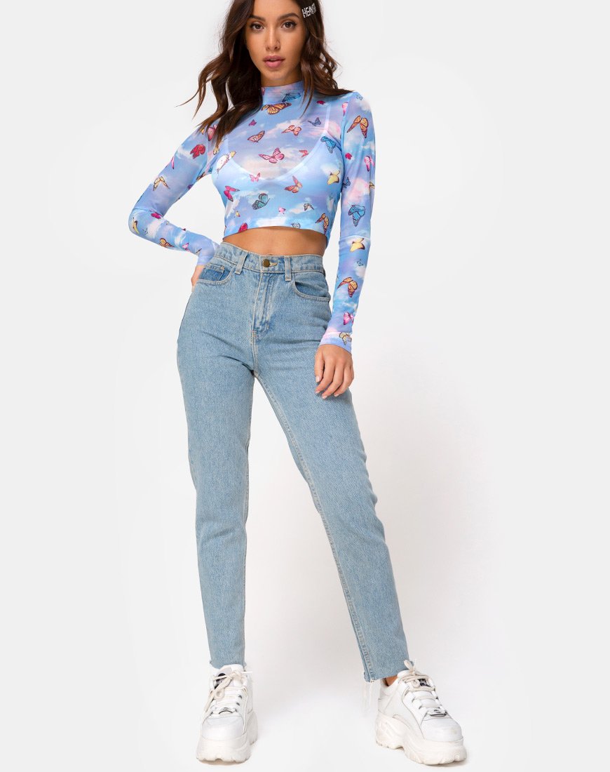 Image of Lara Top aus Mesh Blau Schmetterling