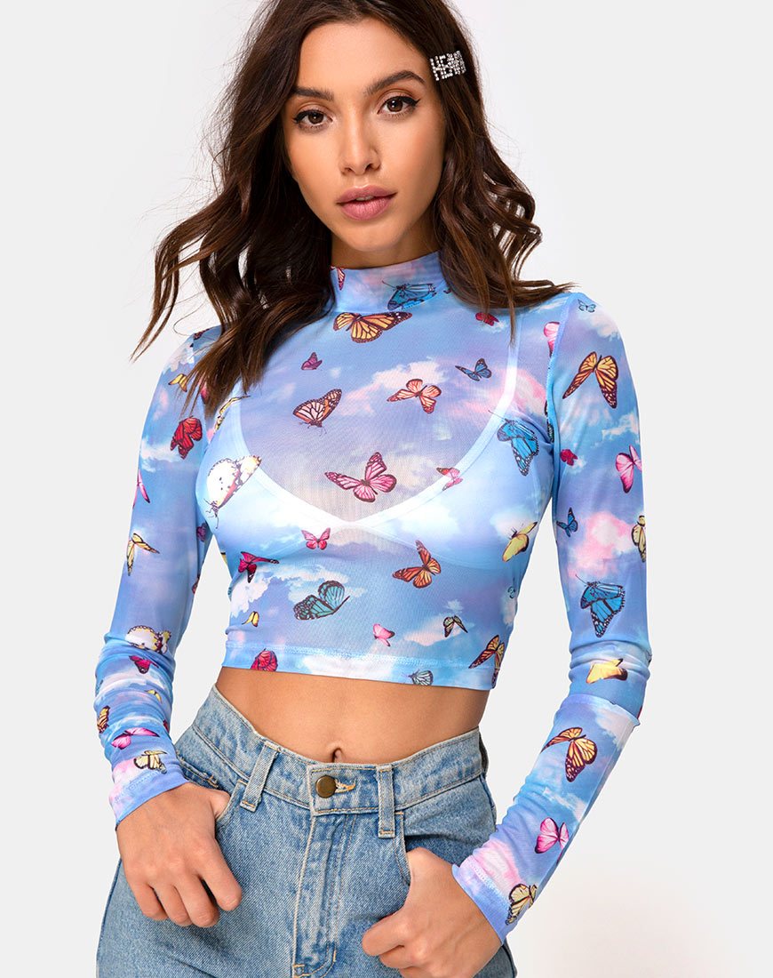 Image of Lara Top aus Mesh Blau Schmetterling