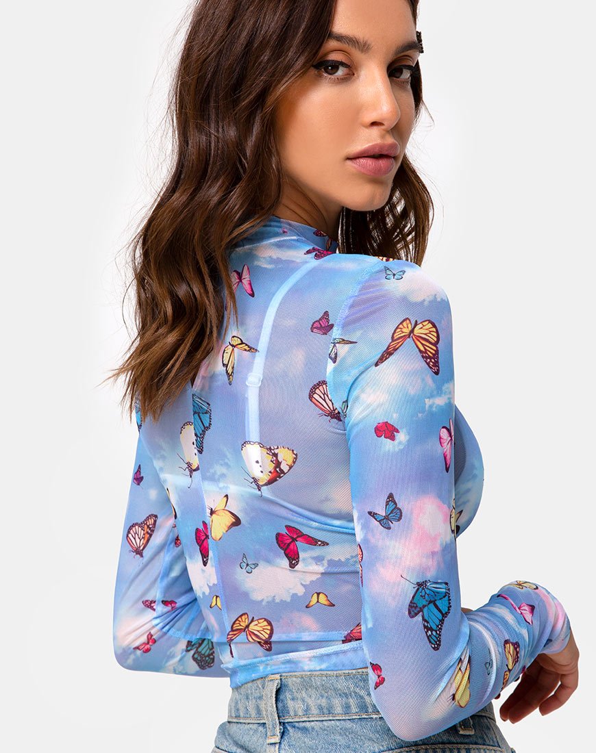 Image of Lara Top aus Mesh Blau Schmetterling