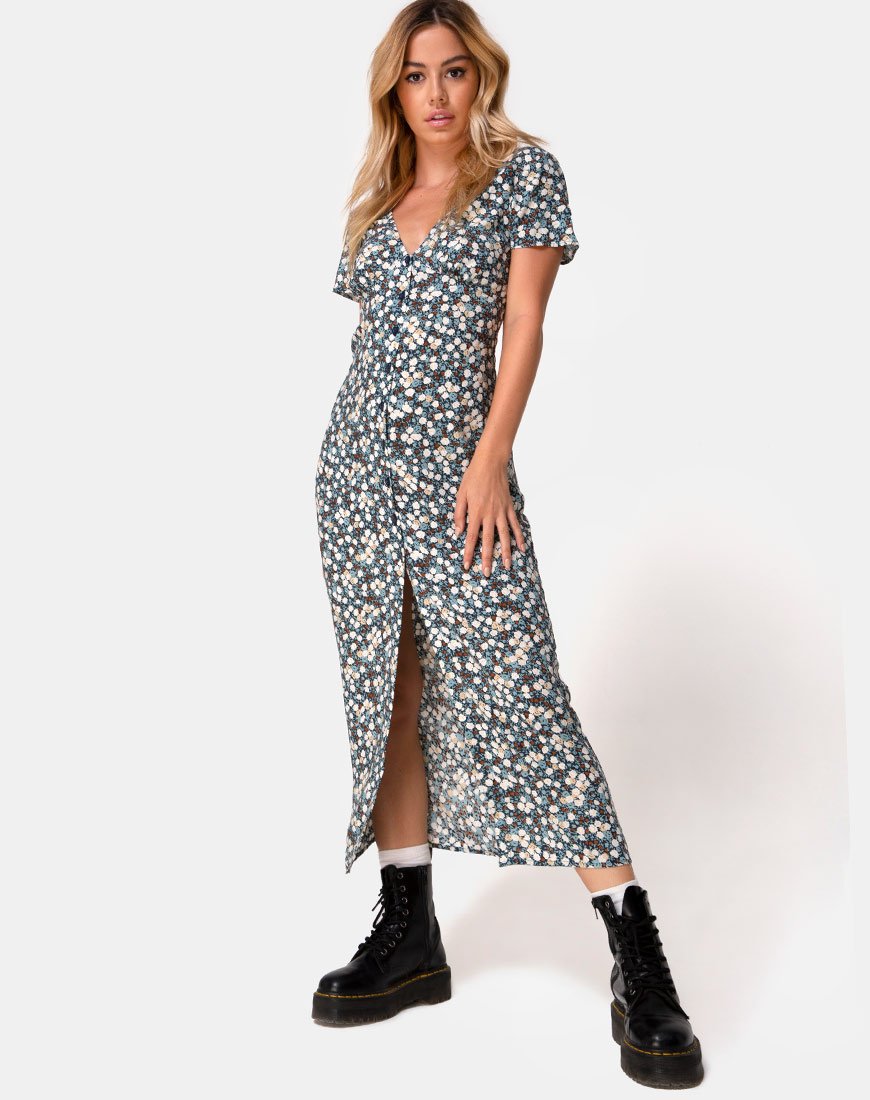 Image of Larin Midikleid aus geblümtem Feld Navy