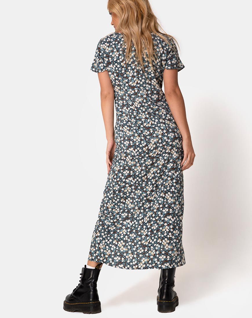 Image of Larin Midikleid aus geblümtem Feld Navy