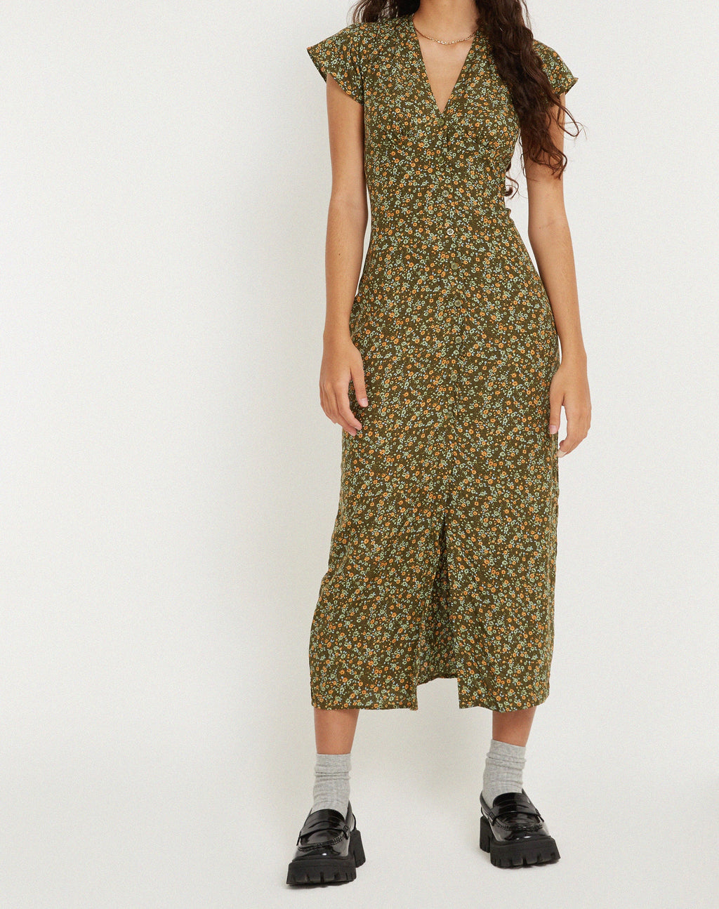 Larin Midikleid in Khaki mit Grunge-Blumenmuster