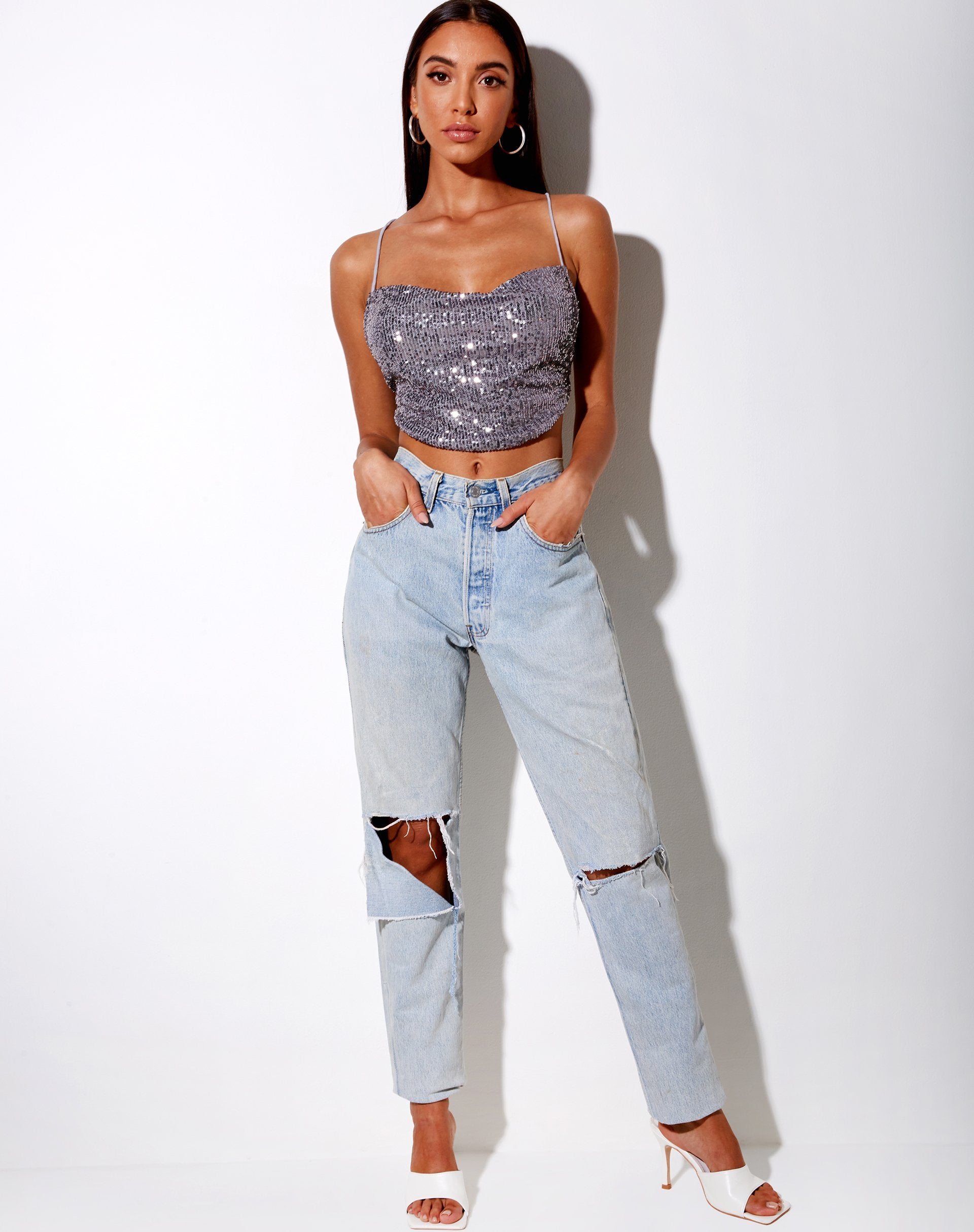 Bild von Laxmi Crop Top in Drape Pailletten Silber