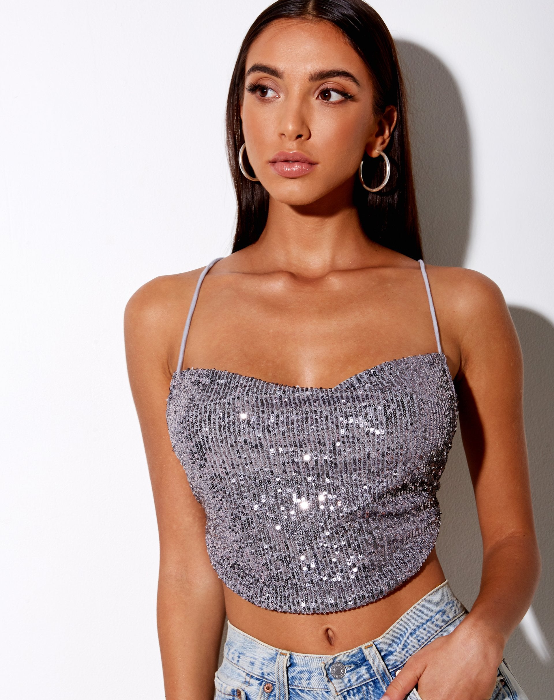 Bild von Laxmi Crop Top in Drape Pailletten Silber