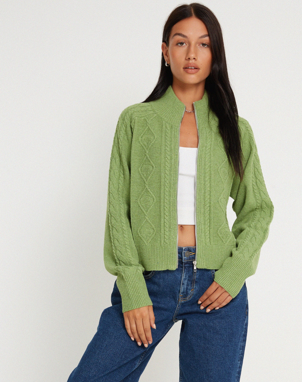 Lemila Gestrickte Zip Up Jacke in Moosgrün