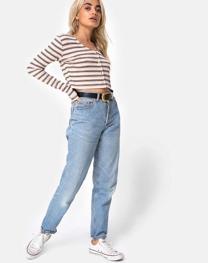 Image of Lesea Crop Top aus Rippenstreifen Creme Schwarz und Tan
