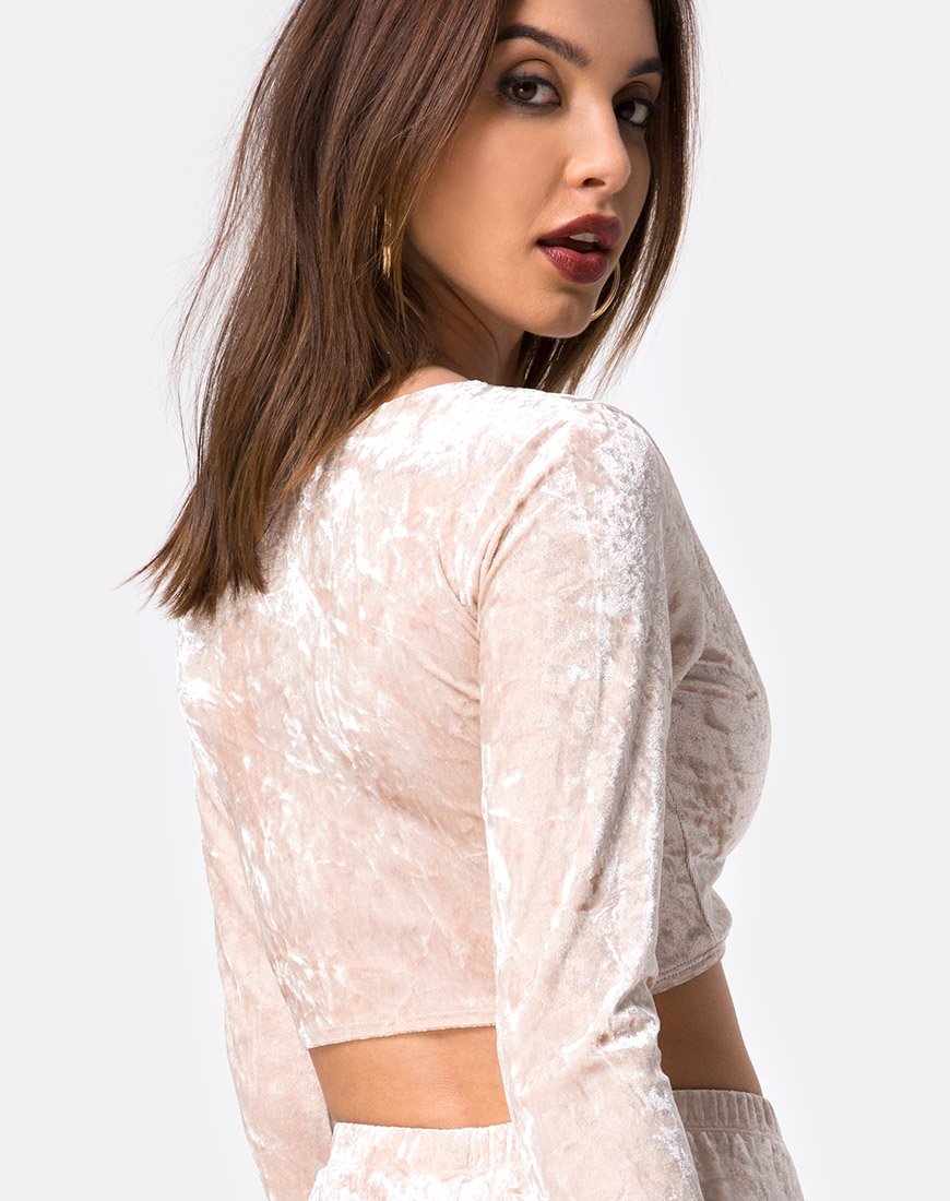 Lorya Crop Top aus cremefarbenem Crushed Velvet