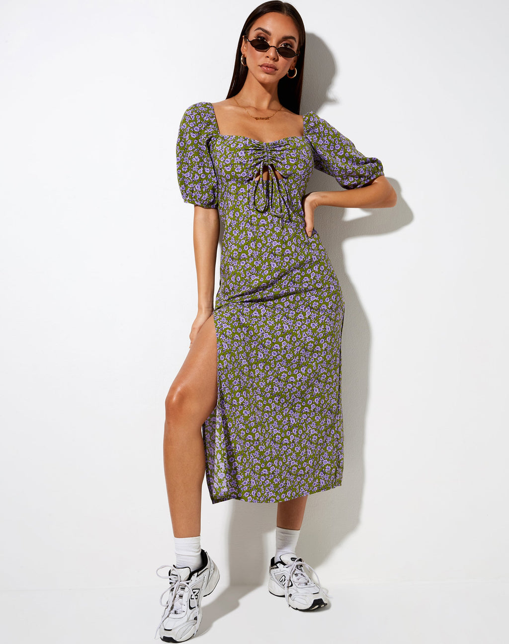 Lourgia Midikleid in Herbstblüte Khaki
