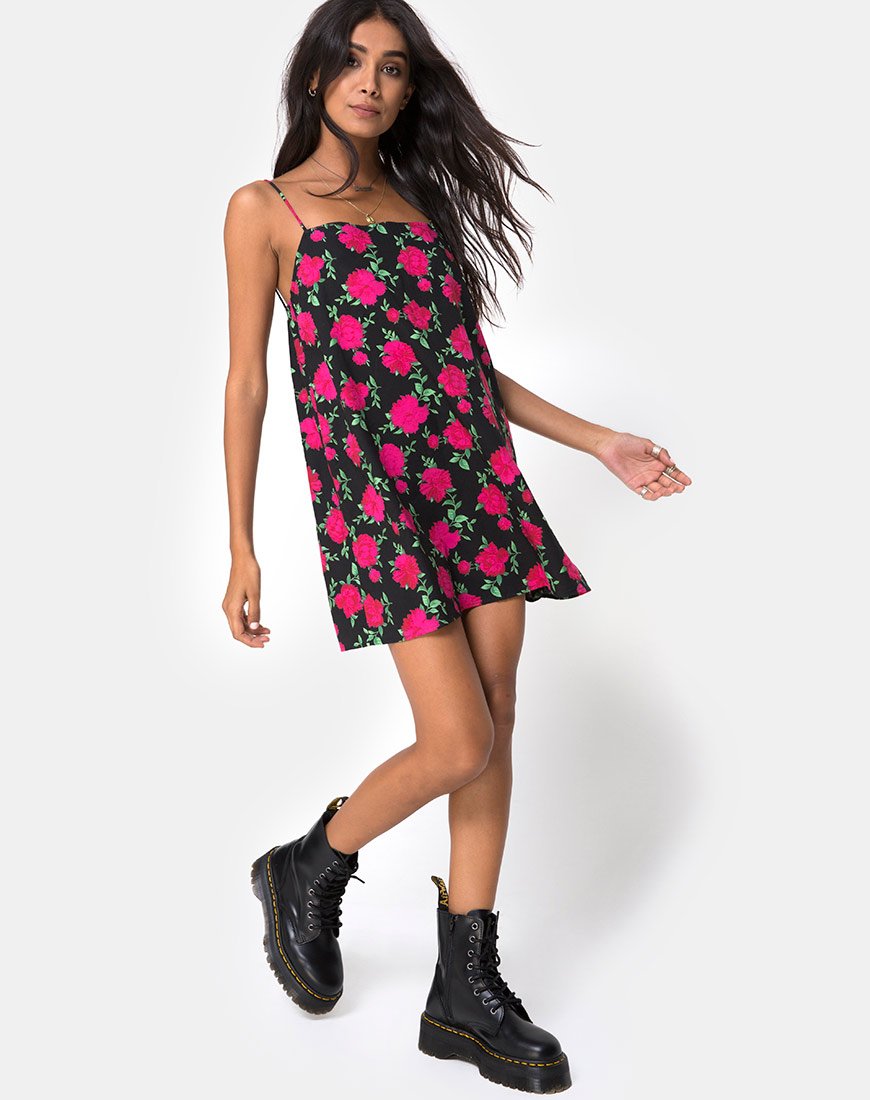 Lura Slip Dress in Valeria Rose Schwarz und Rot