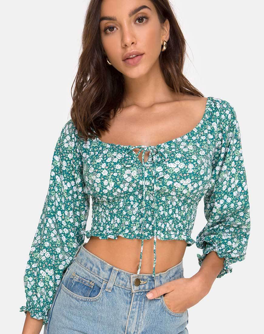 Image of Lancer Crop Top mit Blumenmuster Grün