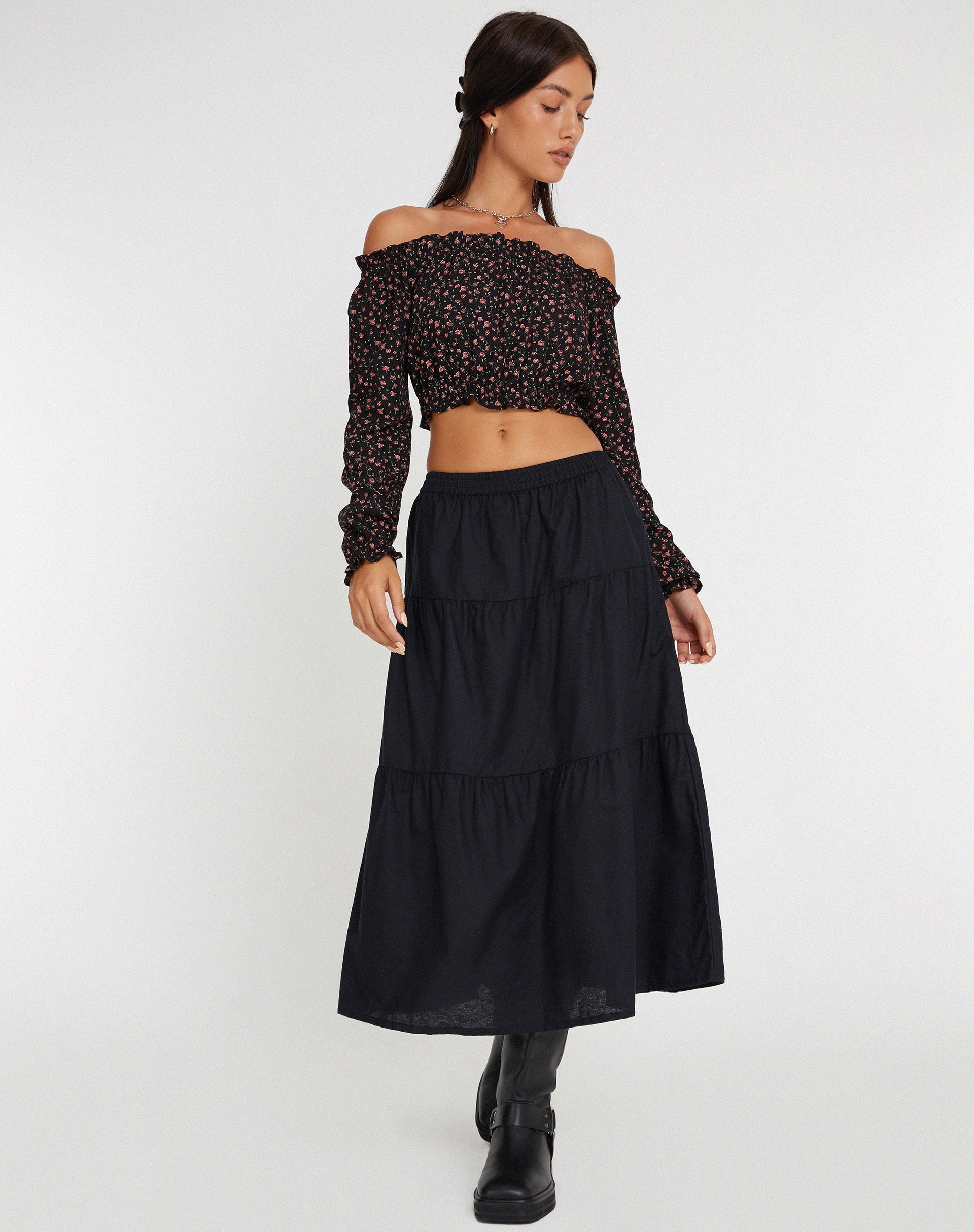 Bild von Madley Langarm Bardot Top in Dark Pink Rose Black