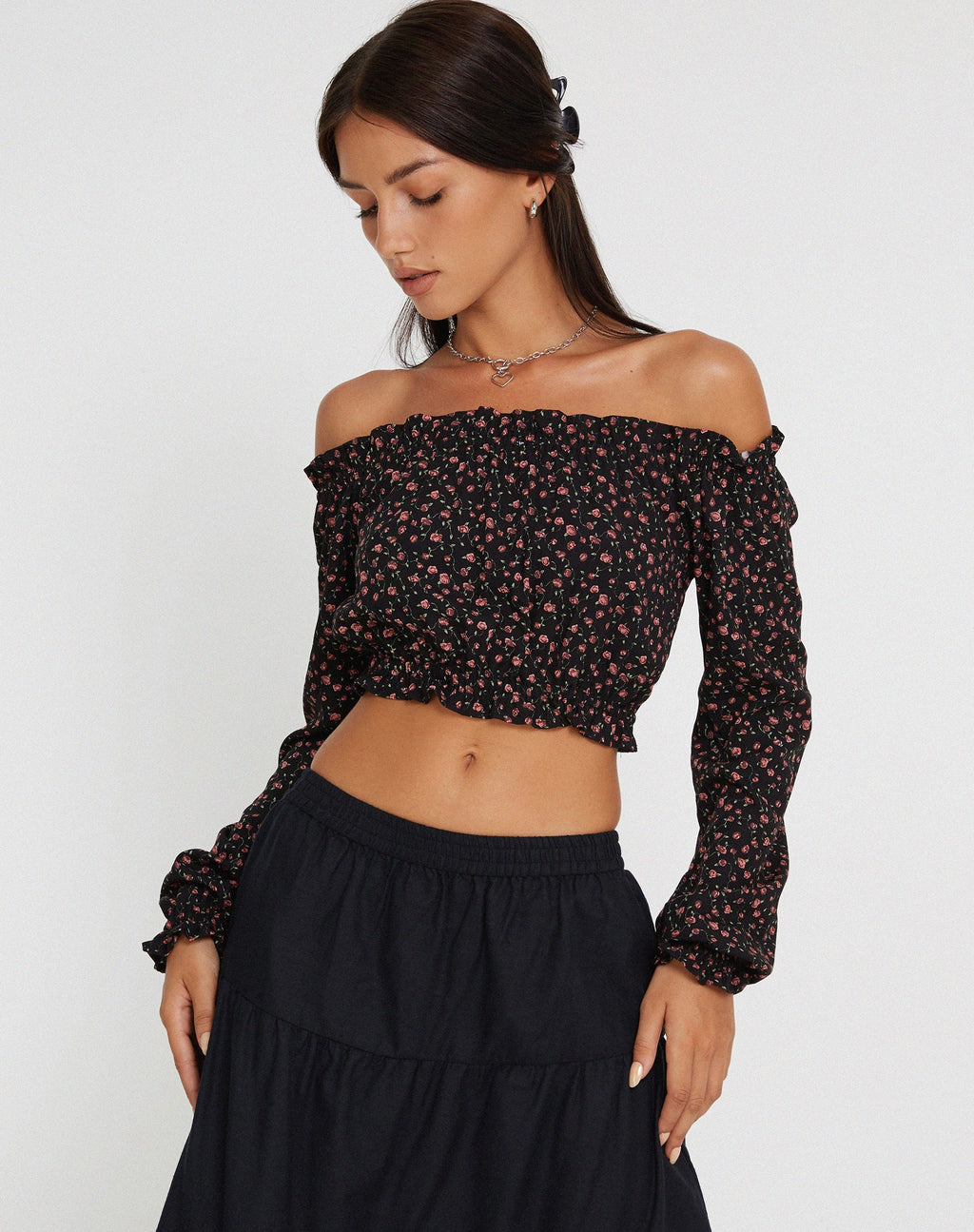Madley Langärmeliges Bardot-Top in Dunkelrosa Rosa Schwarz