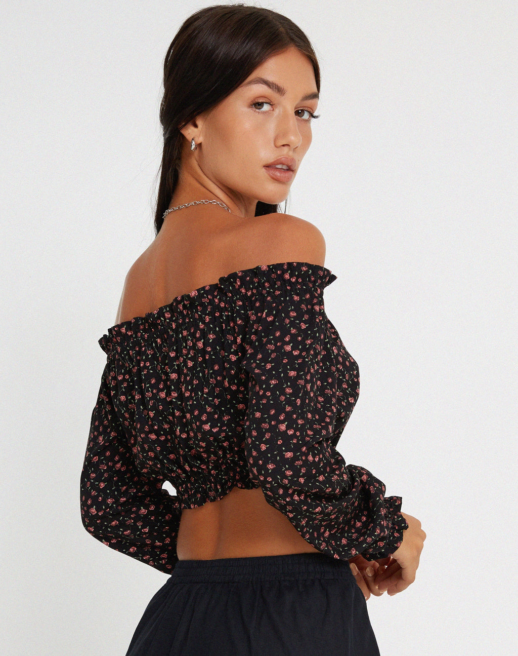 Madley Langärmeliges Bardot-Top in Dunkelrosa Rosa Schwarz