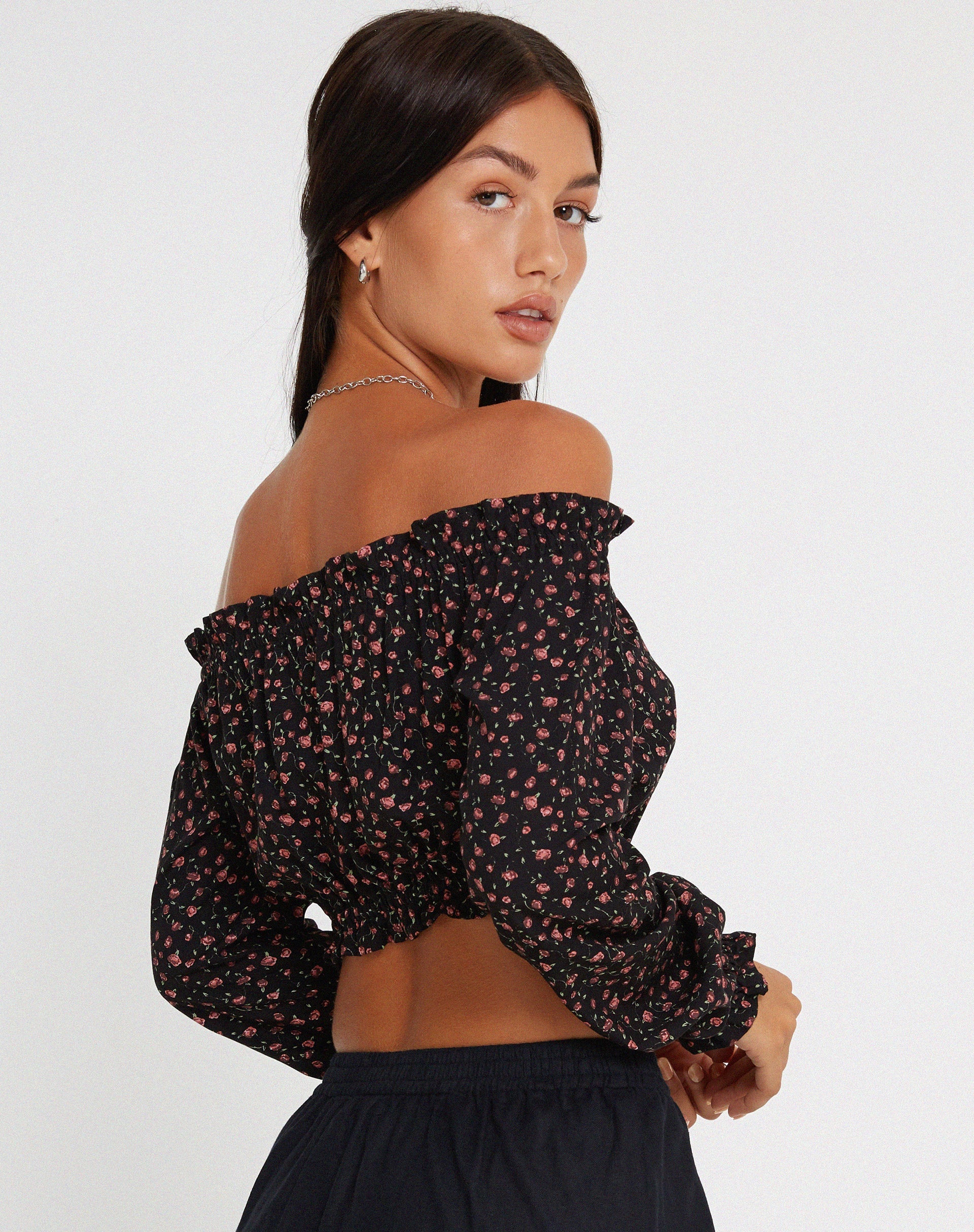 Bild von Madley Langarm Bardot Top in Dark Pink Rose Black