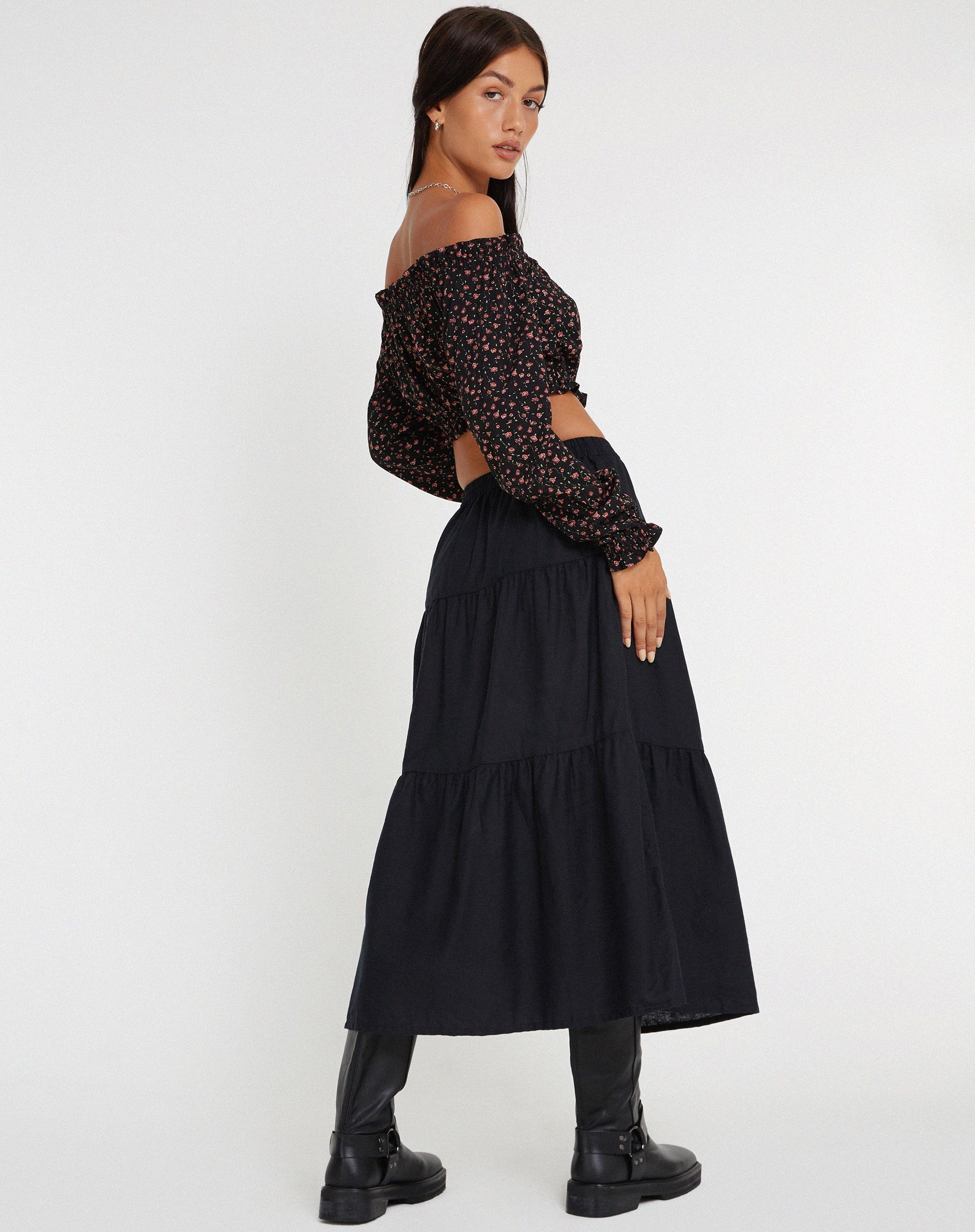 Bild von Madley Langarm Bardot Top in Dark Pink Rose Black