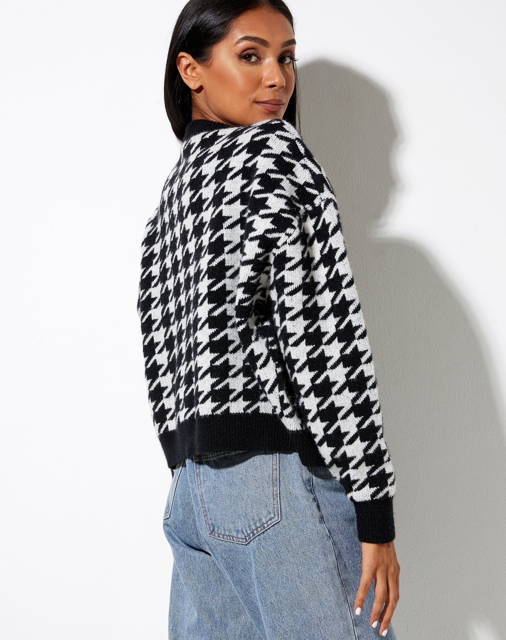 Image of Margo Pullover aus gestricktem Hahnentritt Schwarz und Elfenbein