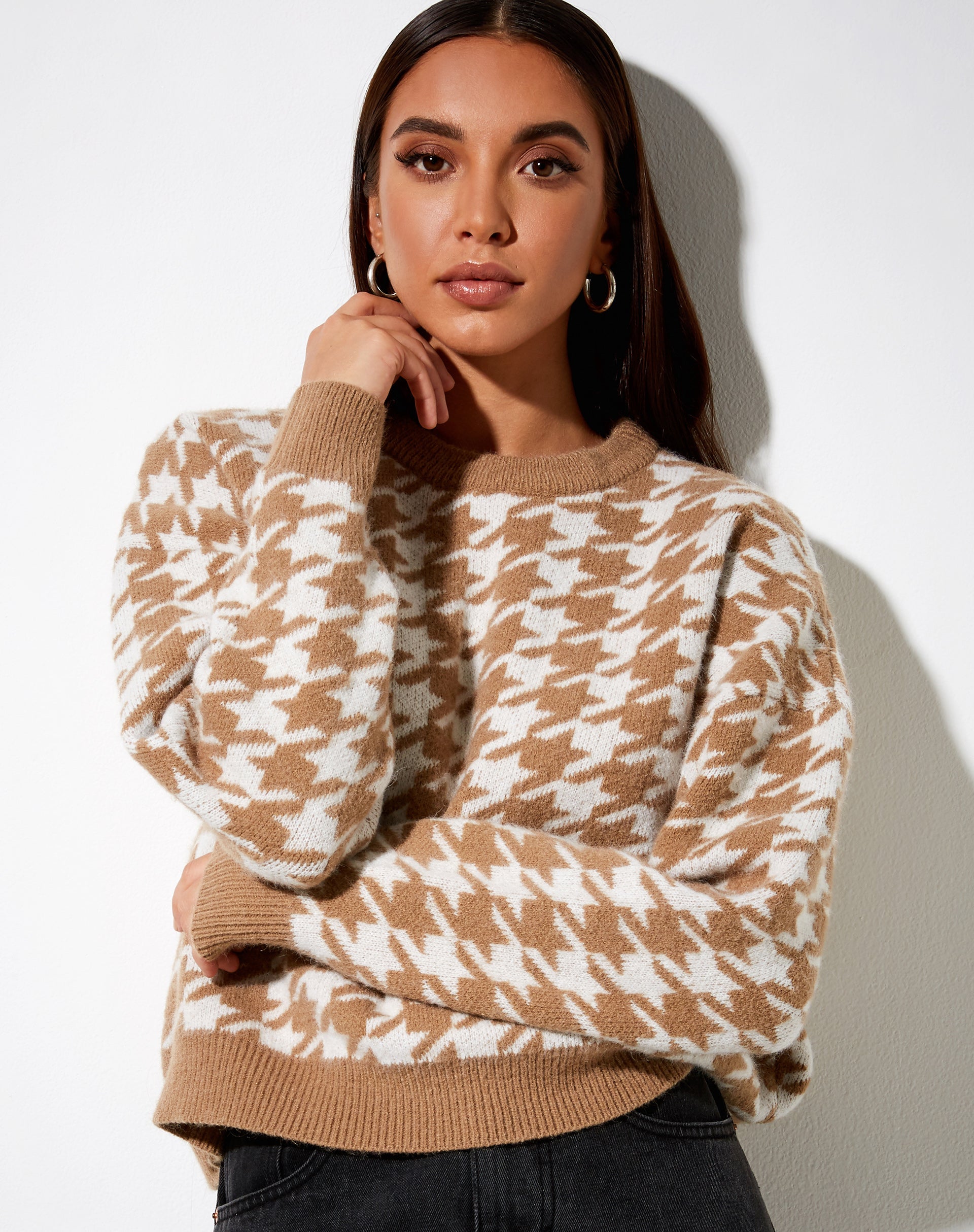 Image of Margo Pullover aus gestricktem Hahnentritt Braun