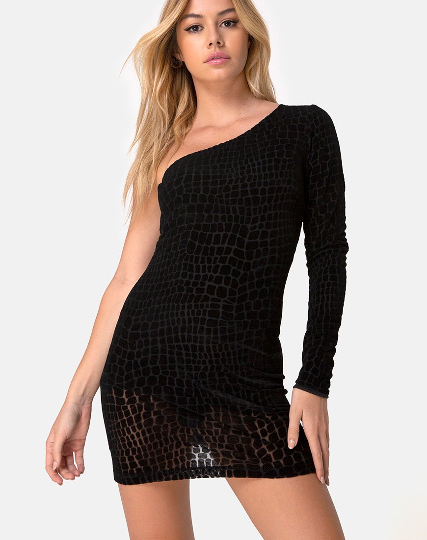 Mega Bodycon Kleid aus Kroko-Flock Schwarz