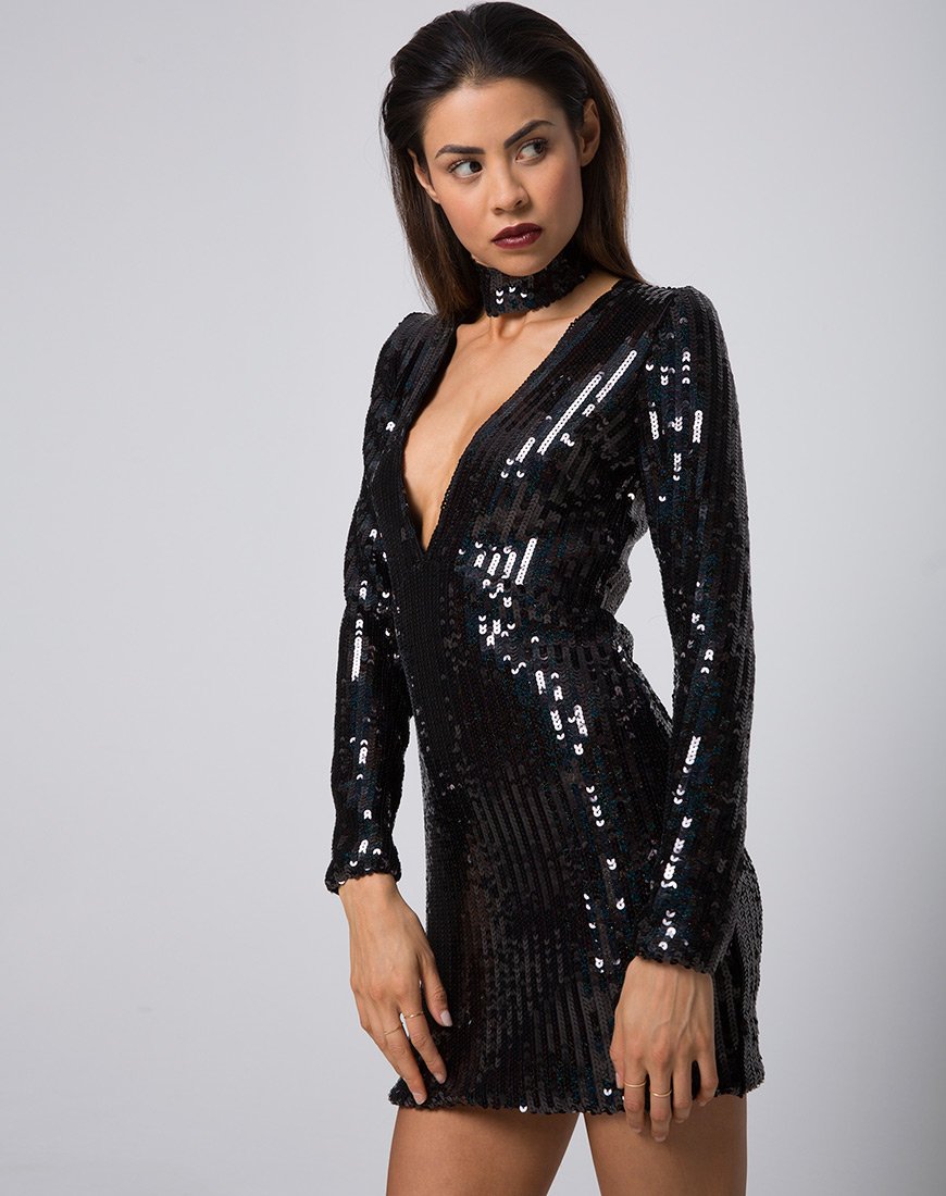 Meli Kleid und Halsband aus Fischschuppenpailletten Schwarz schillernd