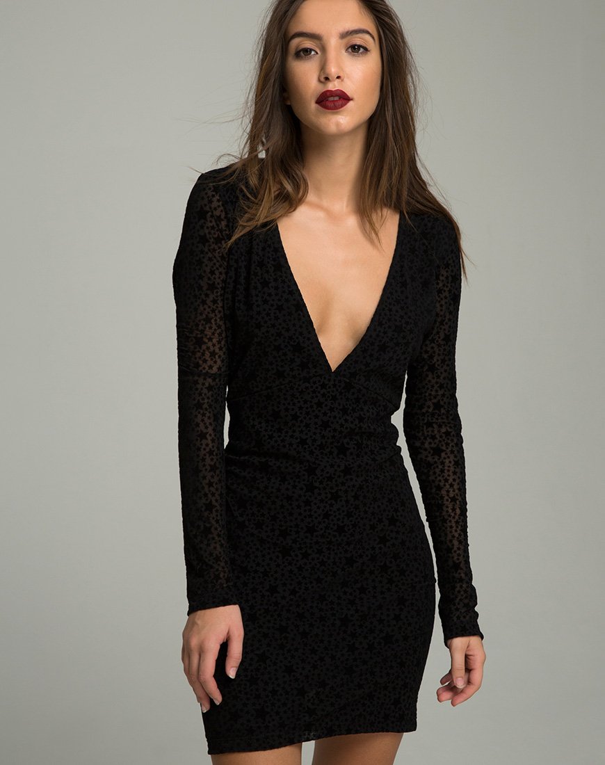Meli tief ausgeschnittenes Kleid aus Flockstar-Spitze Schwarz