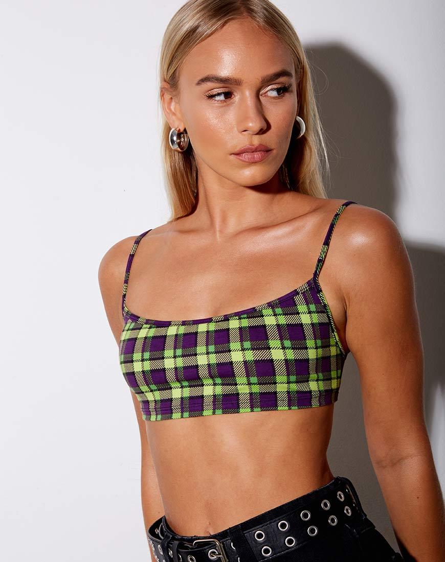 Micro Crop Top in Grün und Lila Karo