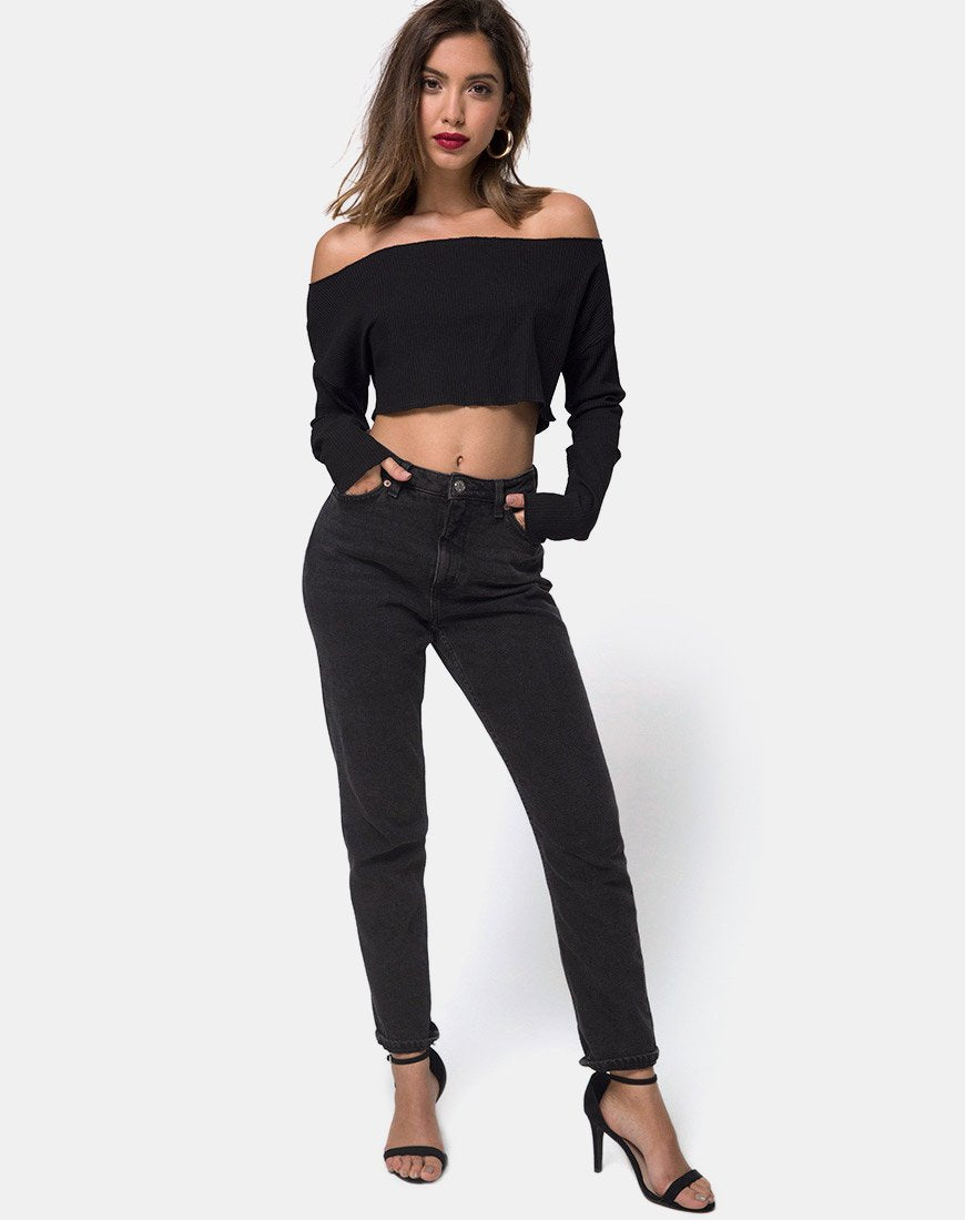 Image of Moss Crop-Pullover aus schwarzer Rippe