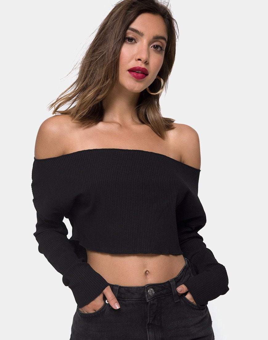 Image of Moss Crop-Pullover aus schwarzer Rippe