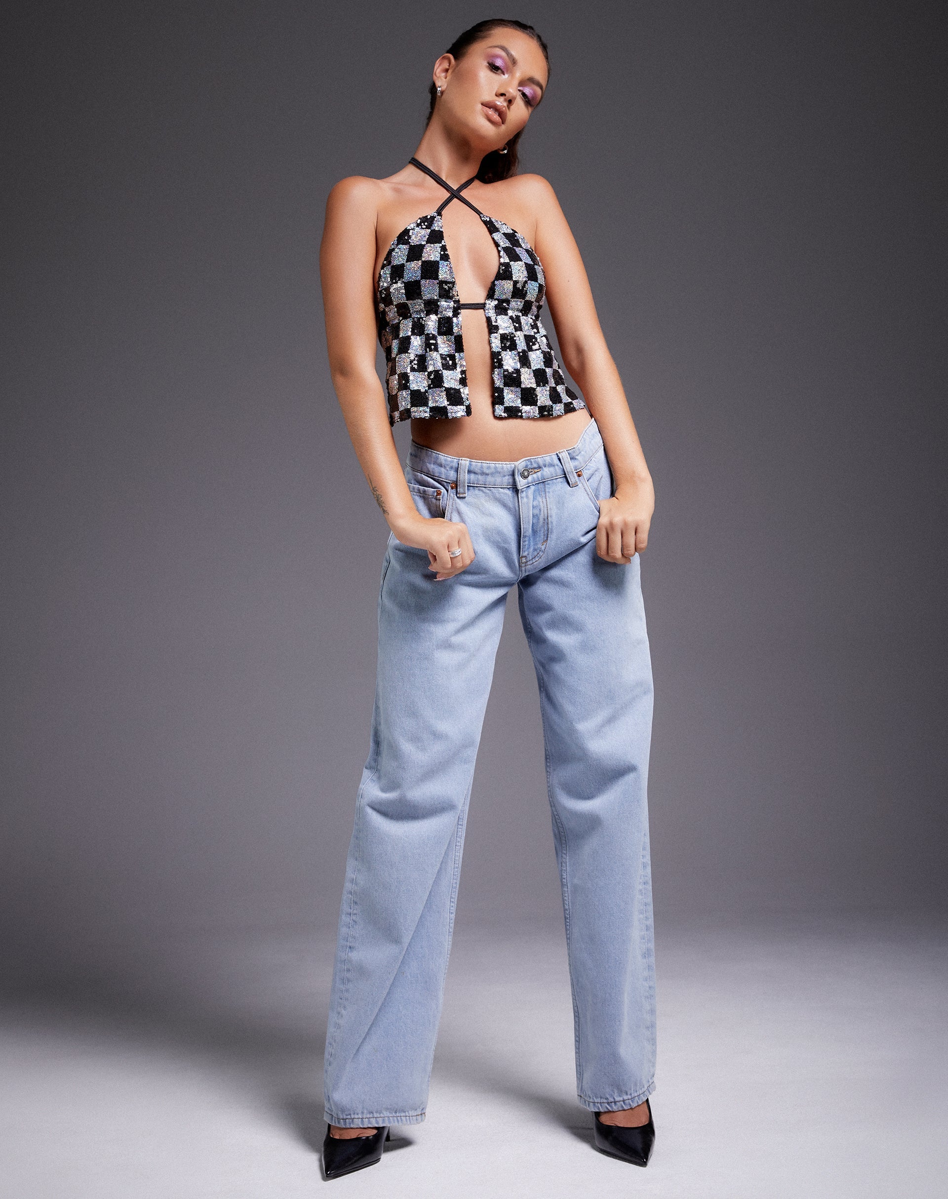 Image of Runita Top aus Pailletten im Schachbrettmuster Schwarz und Silber