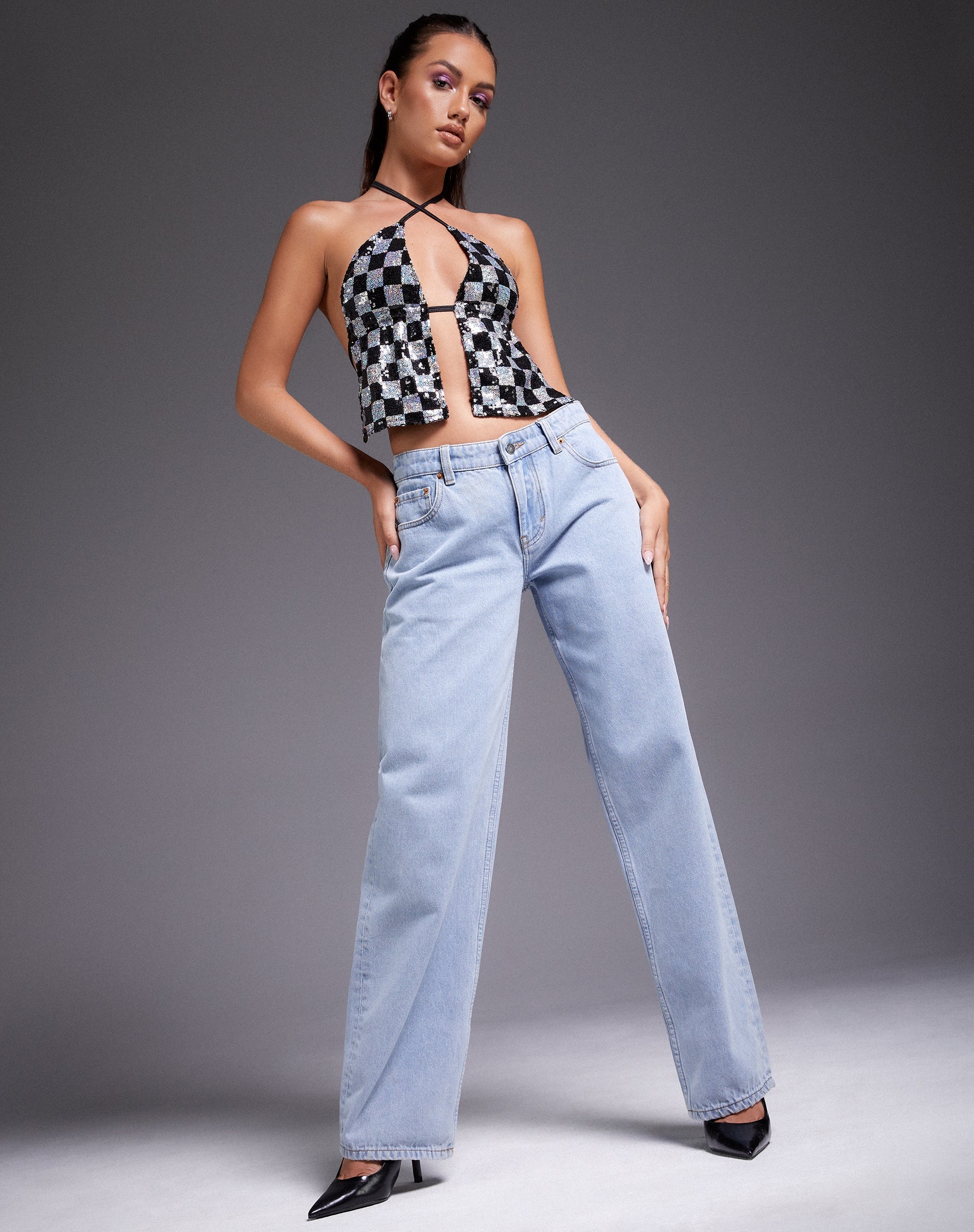 Image of Runita Top aus Pailletten im Schachbrettmuster Schwarz und Silber