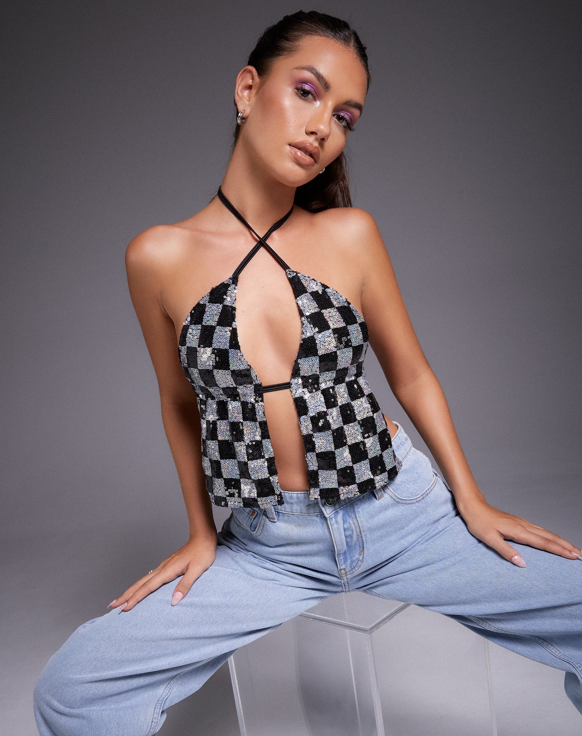 Image of Runita Top aus Pailletten im Schachbrettmuster Schwarz und Silber